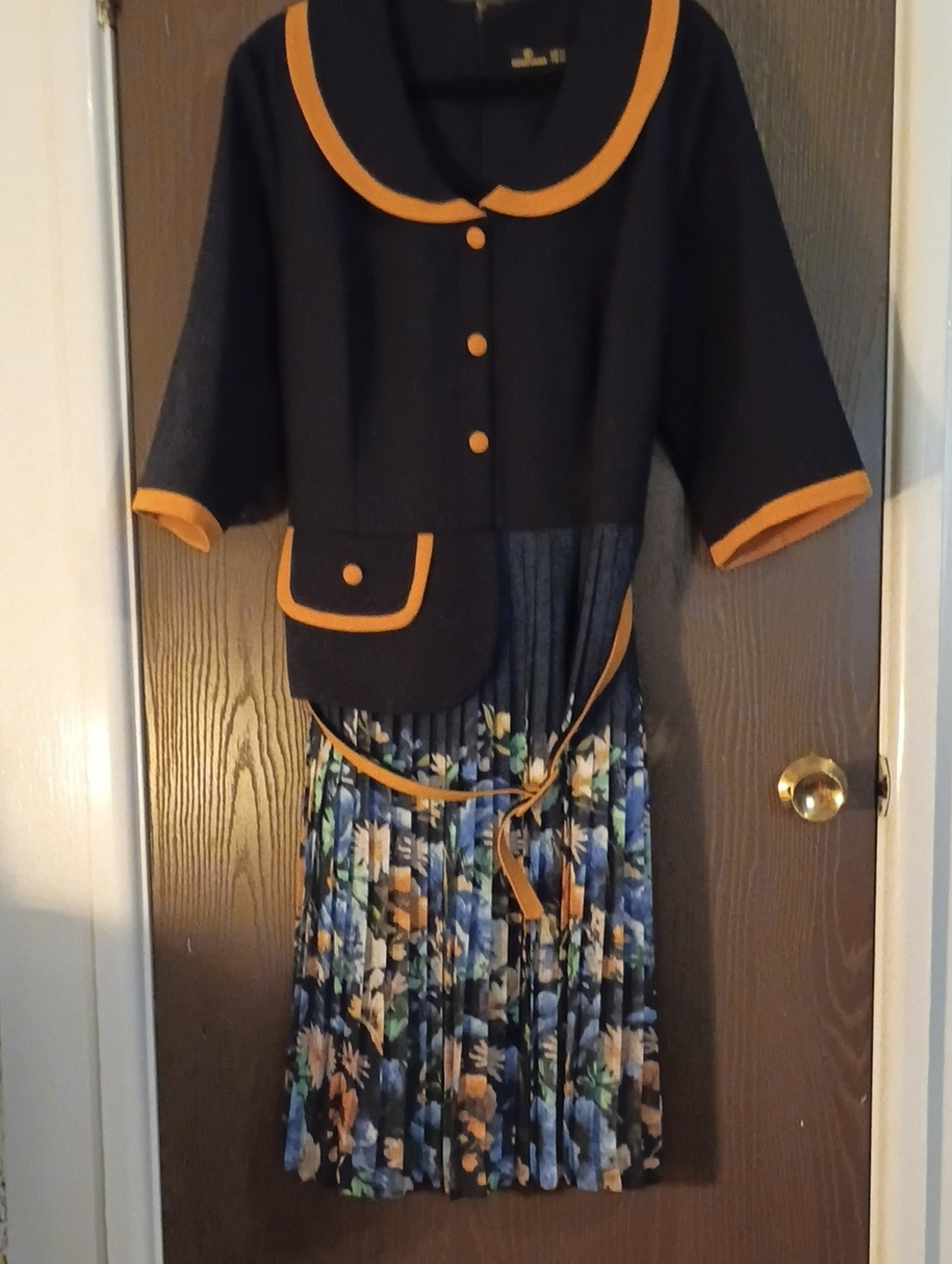 Black Midi Dress with Mustard Trim and Floral Pleated Skirt